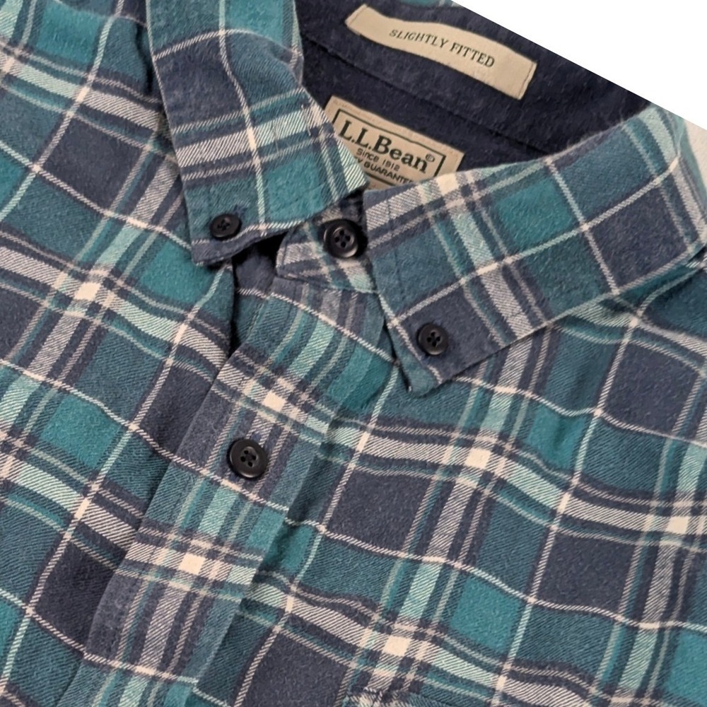 LL Bean Mens Flannel Shirt L Teal Navy Blue Plaid Utility Granola Outdoor